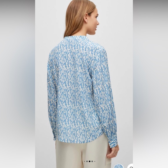 NWT!! HUGO BOSS Regular-Fit Blue + Cream Print Silk Crepe du Chine: SZ 14 - $348 - Picture 4 of 16